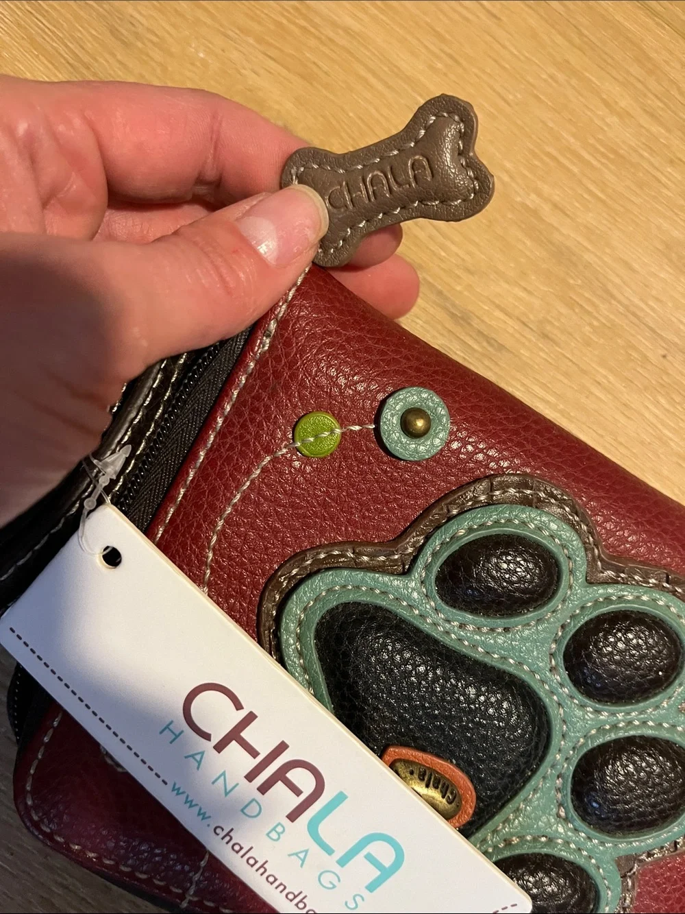 Chala Burgundy Wallet Wristlet with Teal and Black Paw Applique